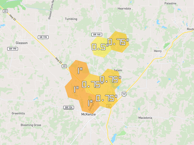 Hail map of Mc Kenzie, TN on Jun 9, 2026, hail up to 1"