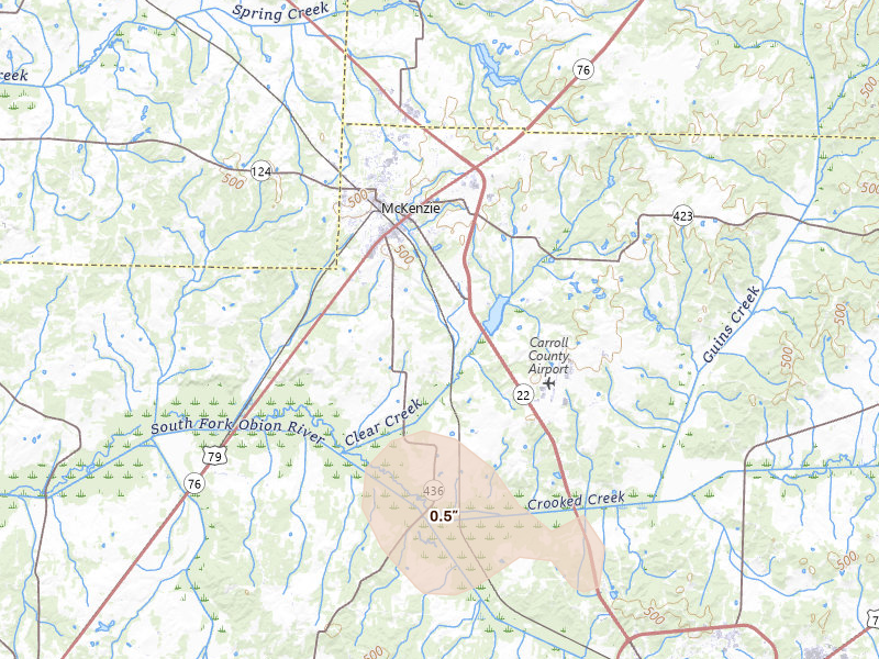 Radar-estimated hail-size map of the storm over Mc Kenzie, TN on Jul 2, 2026