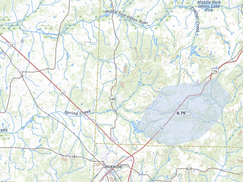 NEXRAD radar-signature map of the hail over Mc Kenzie, TN