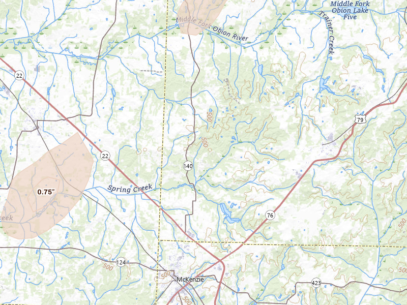 Radar-estimated hail-size map of the storm over Mc Kenzie, TN on Jul 4, 2026