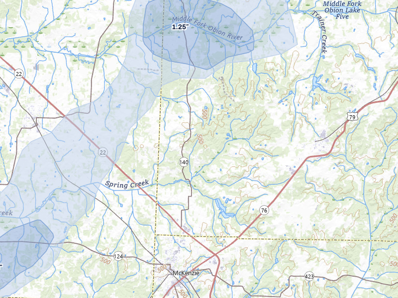 NEXRAD radar-signature map of the hail over Mc Kenzie, TN