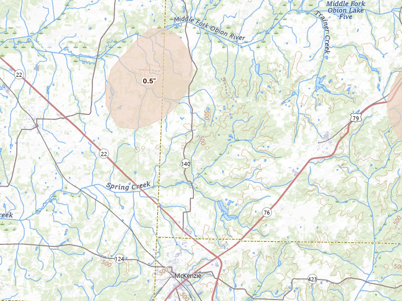 Radar-estimated hail-size map of the storm over Mc Kenzie, TN on Jul 5, 2026