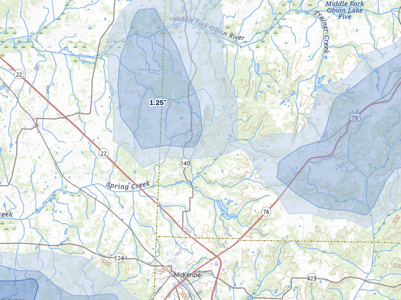 NEXRAD radar-signature map of the hail storm over Mc Kenzie, TN on Jul 5, 2026