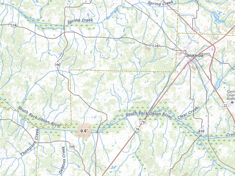 Radar-estimated hail-size map of the storm over Mc Kenzie, TN on Aug 19, 2026
