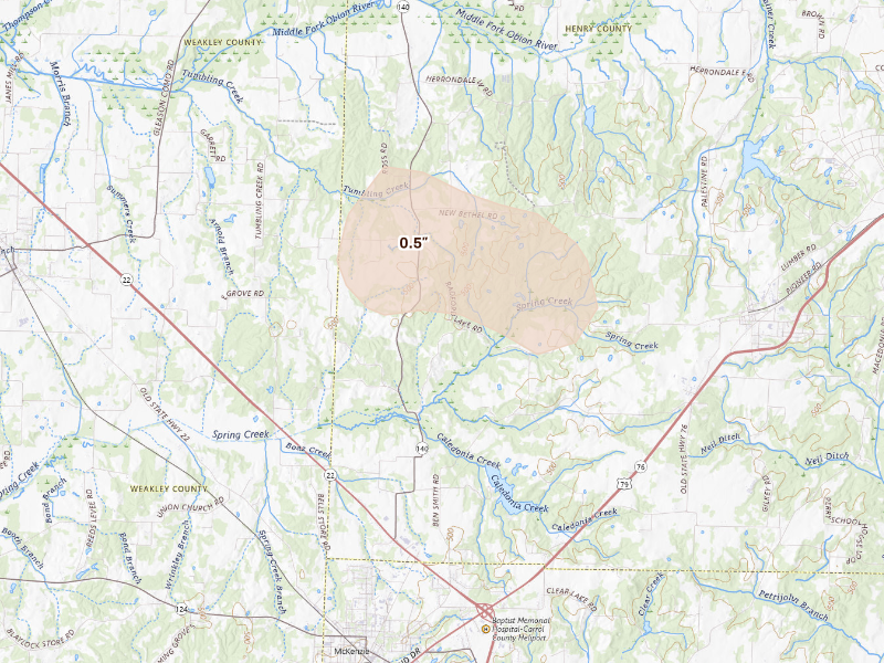 Radar-estimated hail-size map of the storm over Mc Kenzie, TN