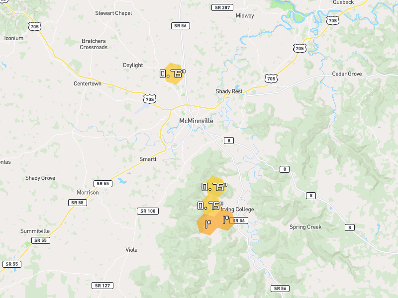 Hail map of McMinnville, TN on Jul 3, 2026, hail up to 1"