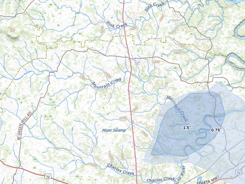 NEXRAD radar-signature map of the hail storm over Mcminnville, TN on Jul 5, 2026
