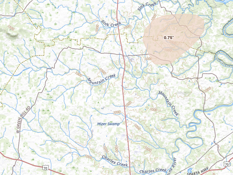Radar-estimated hail-size map of the storm over Mcminnville, TN on Jul 11, 2026