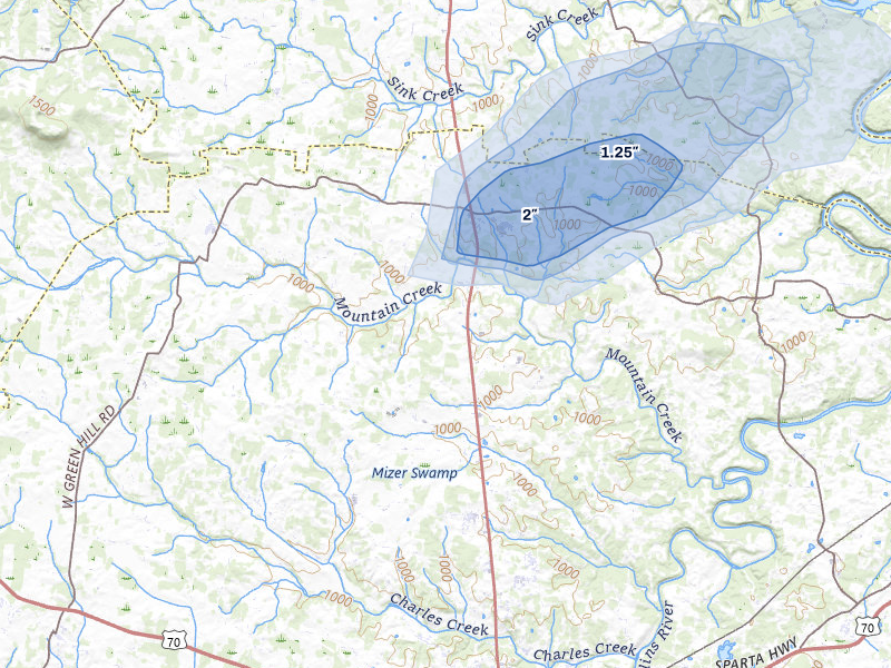 NEXRAD radar-signature map of the hail storm over Mcminnville, TN on Jul 11, 2026