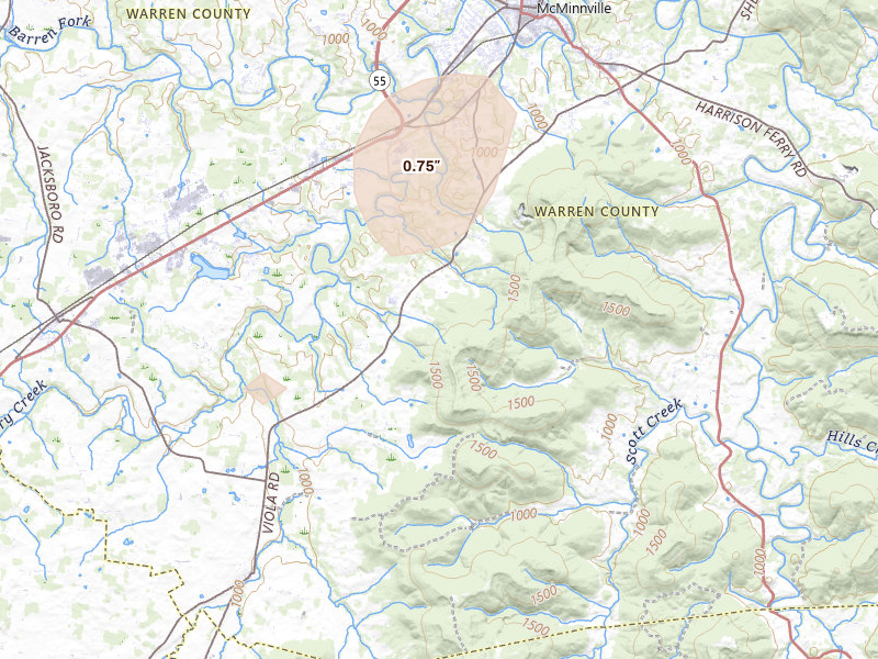 Radar-estimated hail-size map of the storm over Mcminnville, TN on Aug 7, 2026