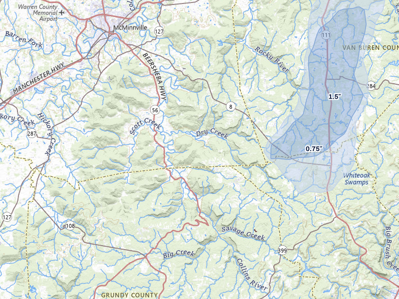 NEXRAD radar-signature map of the hail storm over Mcminnville, TN on Aug 7, 2026