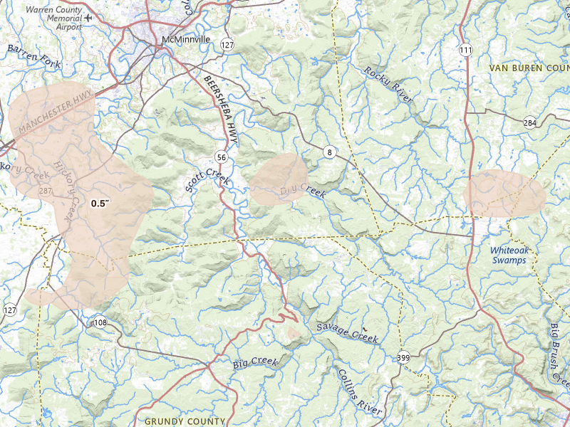 Radar-estimated hail-size map of the storm over Mcminnville, TN on Aug 17, 2026
