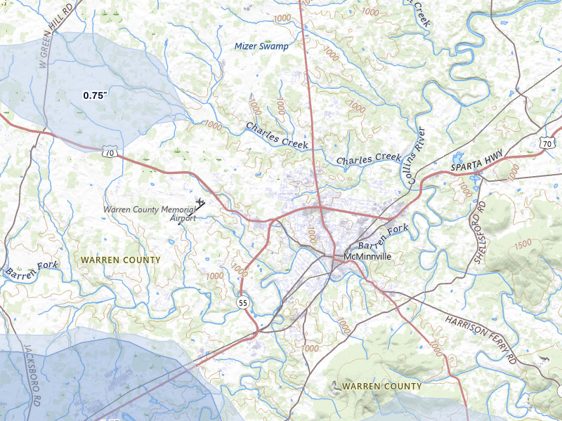 NEXRAD radar-signature map of the hail storm over Mcminnville, TN on Aug 17, 2026