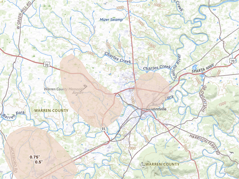 Radar-estimated hail-size map of the storm over Mcminnville, TN