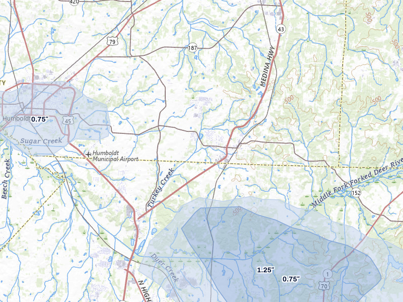 NEXRAD radar-signature map of the hail over Medina, TN