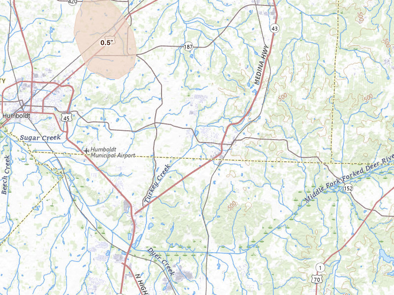 Radar-estimated hail-size map of the storm over Medina, TN on Jul 1, 2026