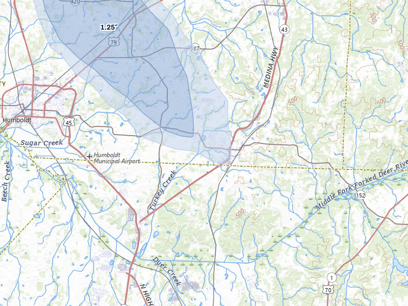NEXRAD radar-signature map of the hail storm over Medina, TN on Jul 1, 2026