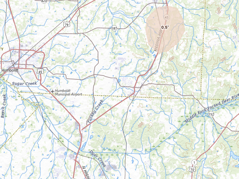 Radar-estimated hail-size map of the storm over Medina, TN on Jul 5, 2026