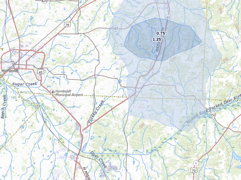 NEXRAD radar-signature map of the hail storm over Medina, TN on Jul 5, 2026