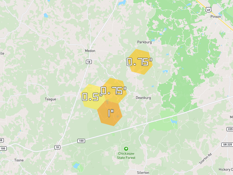 Hail map of Medon, TN on Jul 3, 2026, hail up to 1"
