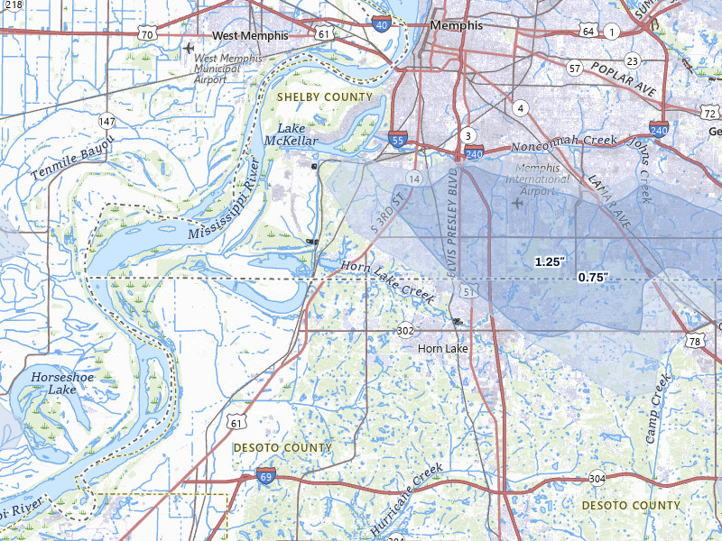 NEXRAD radar-signature map of the hail over Memphis, TN