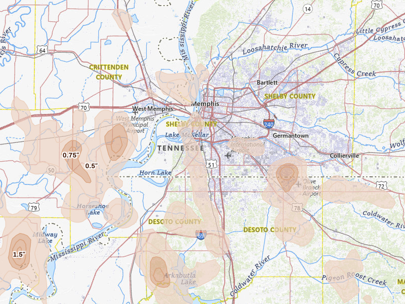 Radar-estimated hail-size map of the storm over Memphis, TN on Jun 1, 2026