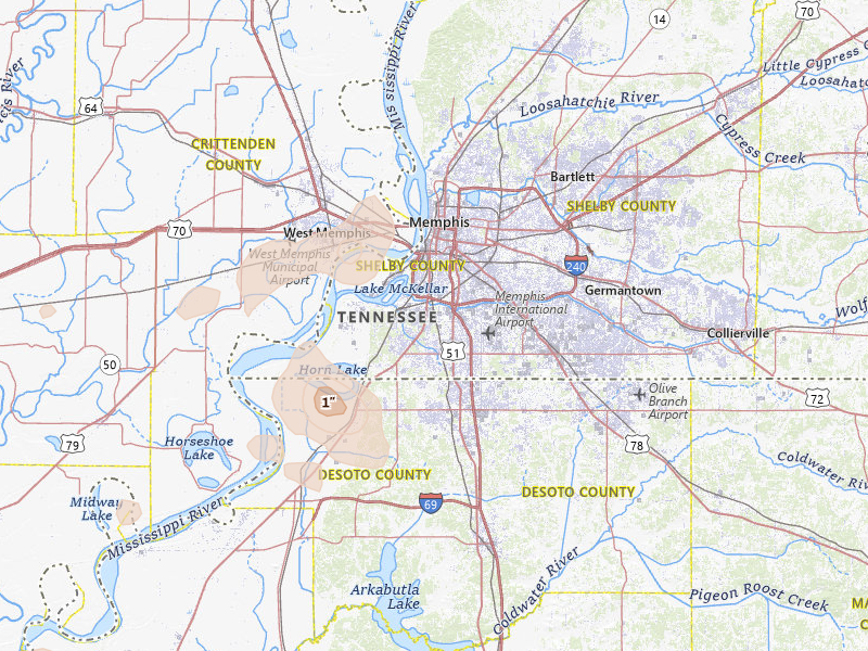 Radar-estimated hail-size map of the storm over Memphis, TN