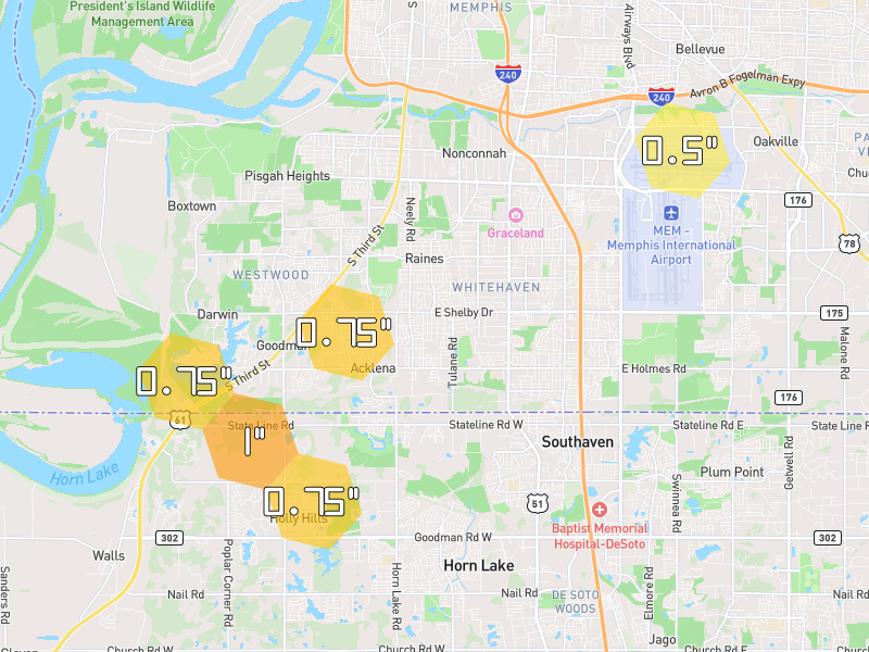 Hail map of Memphis, TN on Jul 2, 2026, hail up to 0.5"