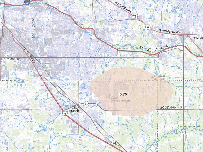 Radar-estimated hail-size map of the storm over Memphis, TN on Aug 17, 2026