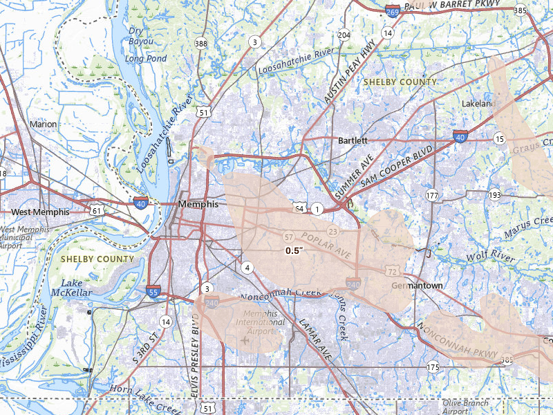 Radar-estimated hail-size map of the storm over Memphis, TN on Aug 22, 2026