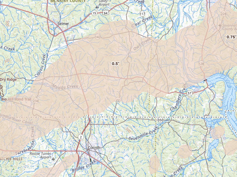 Radar-estimated hail-size map of the storm over Michie, TN on Mar 15, 2026