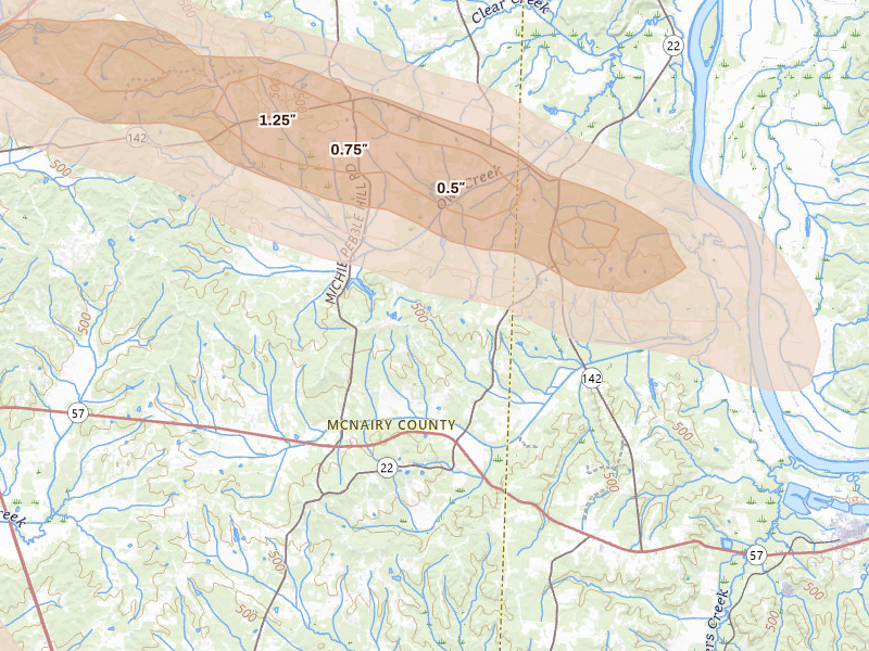 Radar-estimated hail-size map of the storm over Michie, TN on Aug 22, 2026