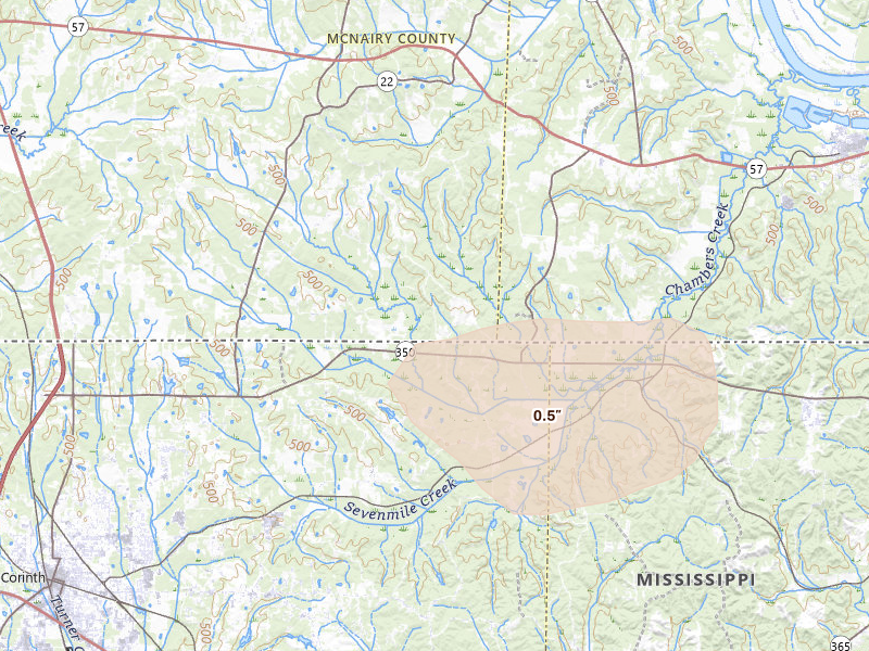 Radar-estimated hail-size map of the storm over Michie, TN on Aug 26, 2026