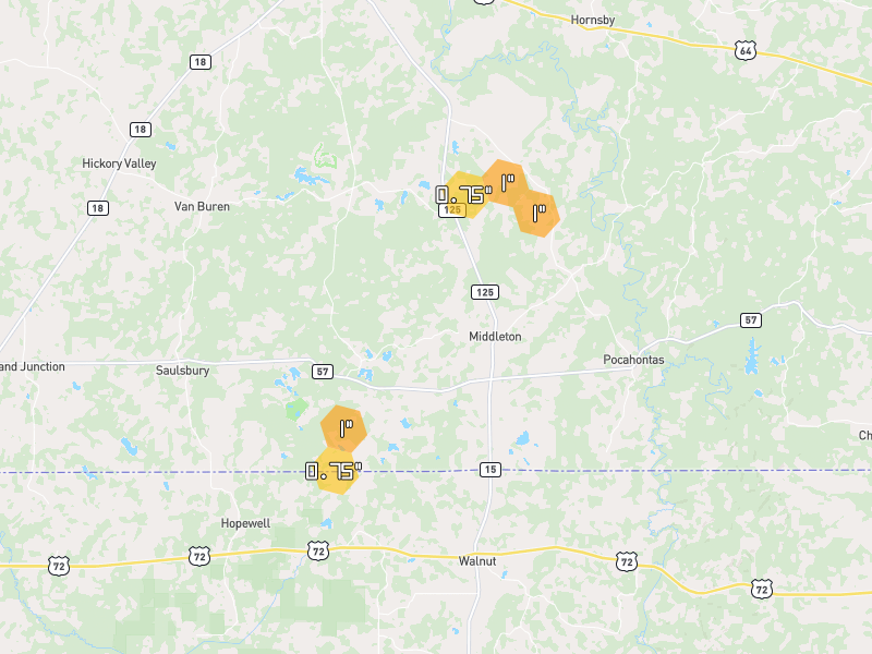 Hail map of Middleton, TN on Jul 1, 2026, hail up to 1"