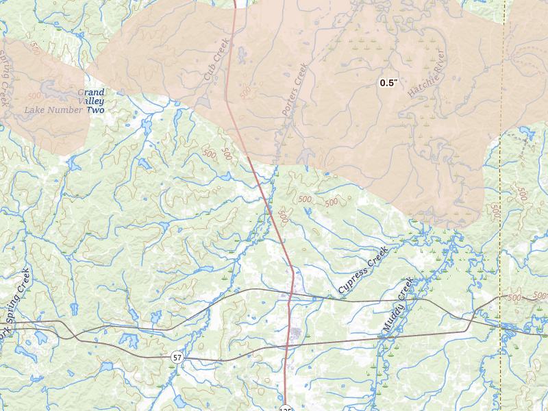 Radar-estimated hail-size map of the storm over Middleton, TN on Aug 22, 2026