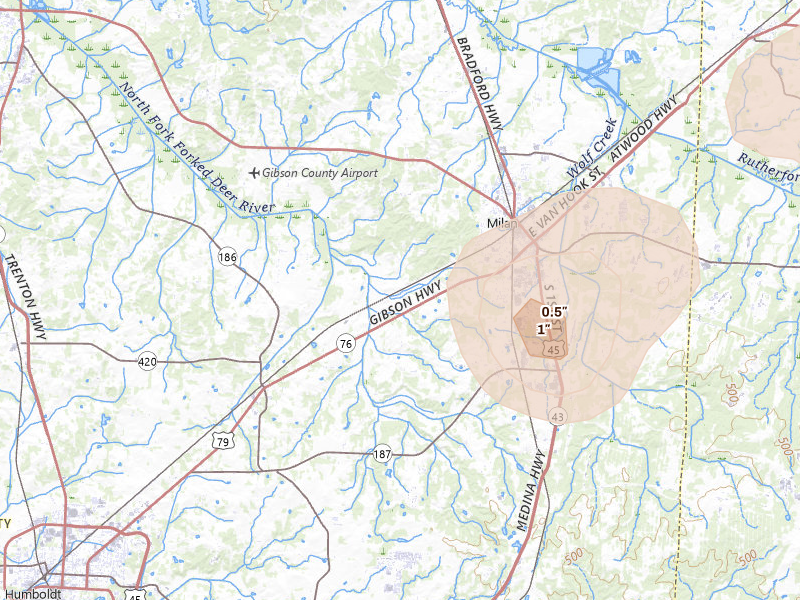Radar-estimated hail-size map of the storm over Milan, TN