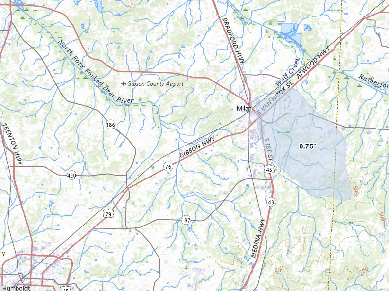 NEXRAD radar-signature map of the hail storm over Milan, TN on Jul 3, 2026