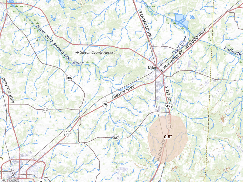 Radar-estimated hail-size map of the storm over Milan, TN on Jul 5, 2026
