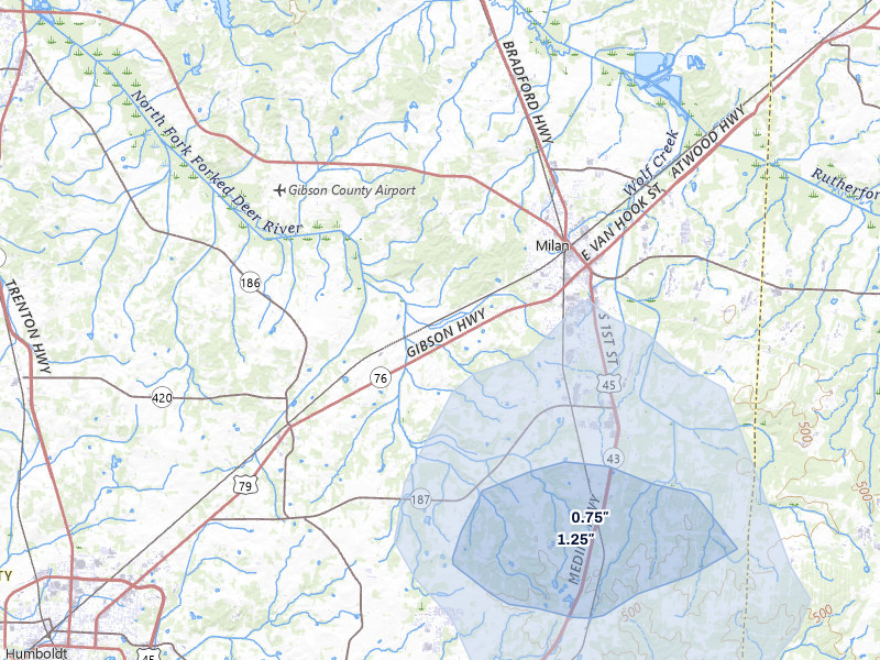 NEXRAD radar-signature map of the hail storm over Milan, TN on Jul 5, 2026
