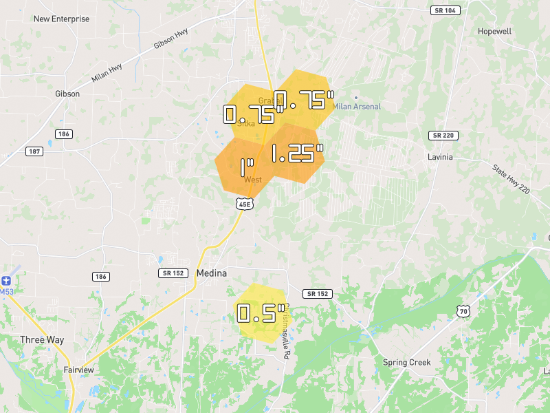 Hail map of Milan, TN on Jul 5, 2026, hail up to 1.25"