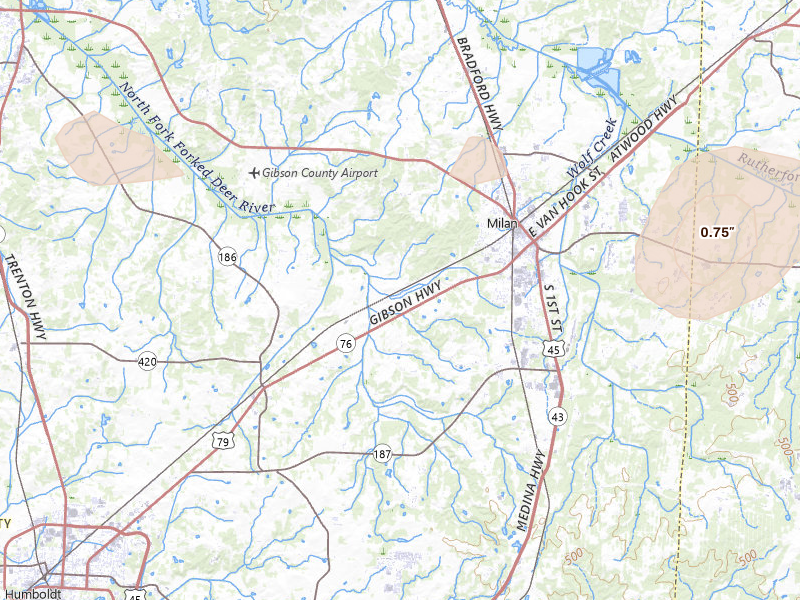 Radar-estimated hail-size map of the storm over Milan, TN on Jul 11, 2026