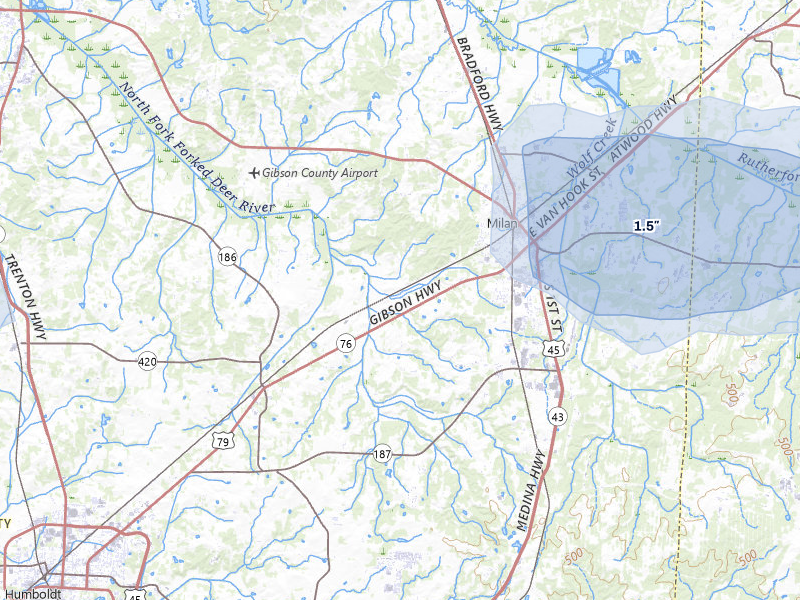NEXRAD radar-signature map of the hail storm over Milan, TN on Jul 11, 2026