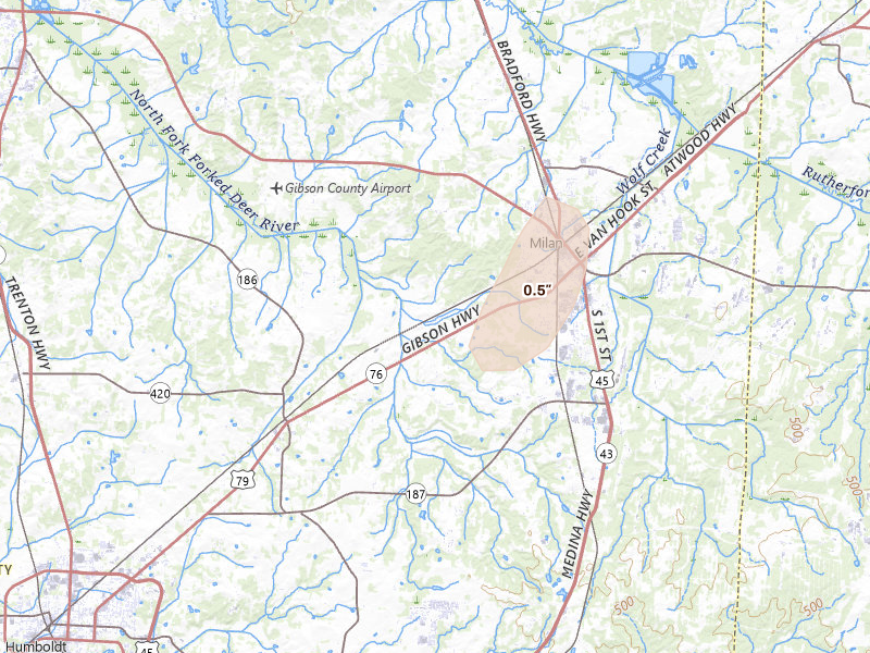 Radar-estimated hail-size map of the storm over Milan, TN on Aug 8, 2026
