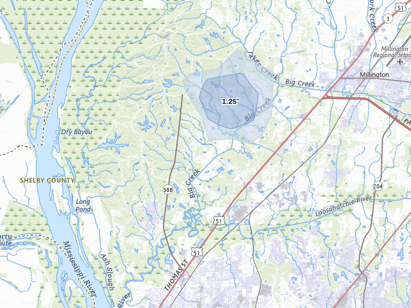 NEXRAD radar-signature map of the hail over Millington, TN