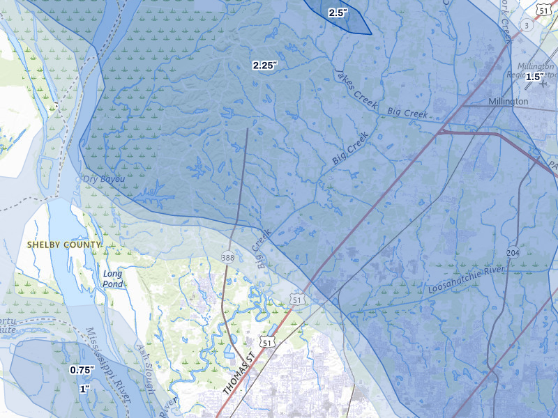 NEXRAD radar-signature map of the hail over Millington, TN