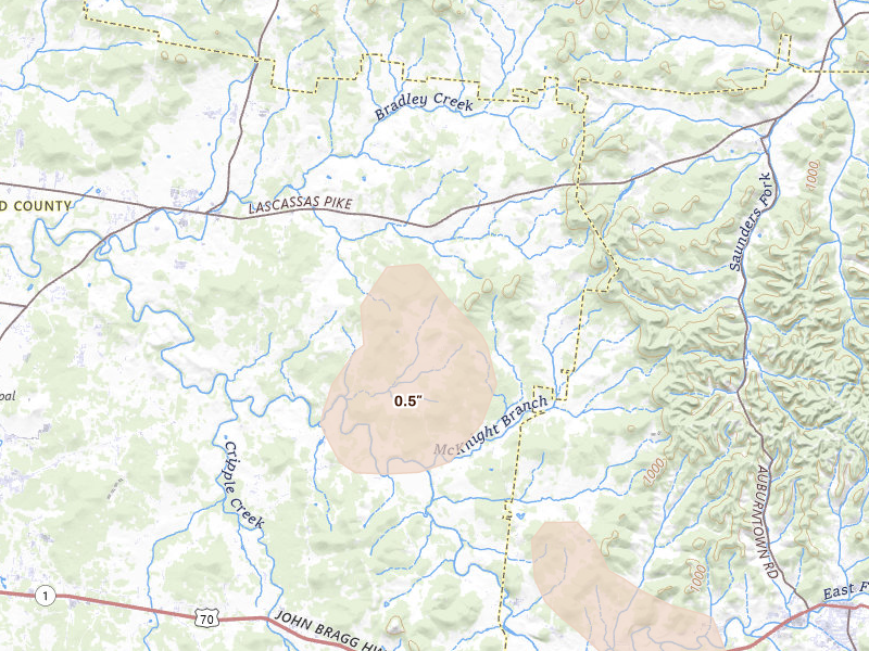 Radar-estimated hail-size map of the storm over Milton, TN on Aug 11, 2026