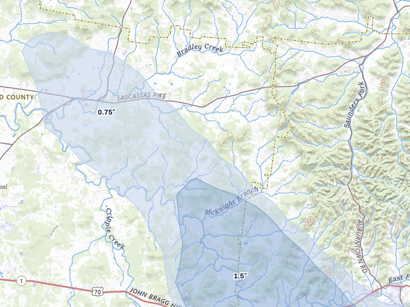 NEXRAD radar-signature map of the hail storm over Milton, TN on Aug 11, 2026