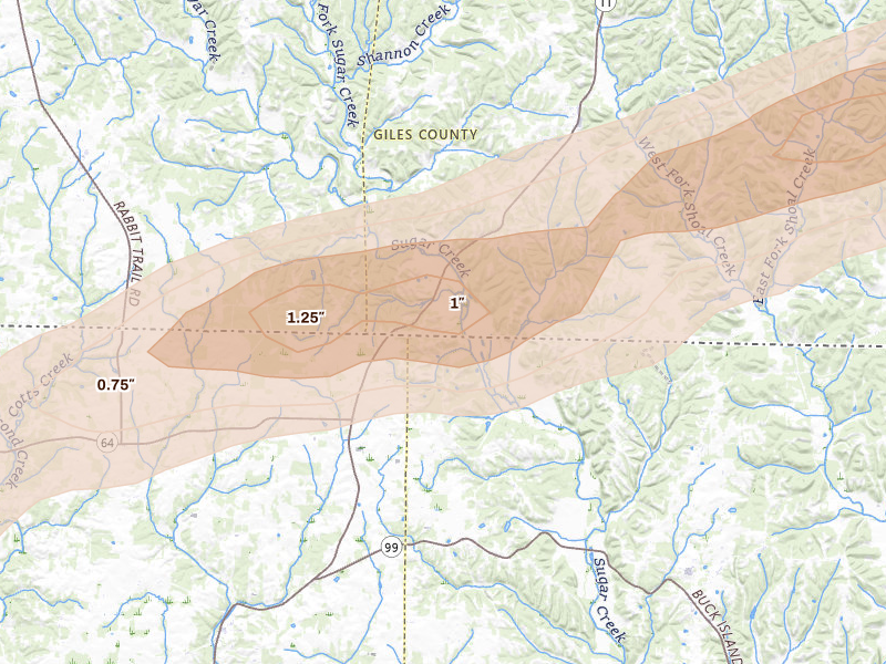 Radar-estimated hail-size map of the storm over Minor Hill, TN on Feb 26, 2026