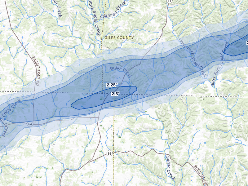 NEXRAD radar-signature map of the hail over Minor Hill, TN