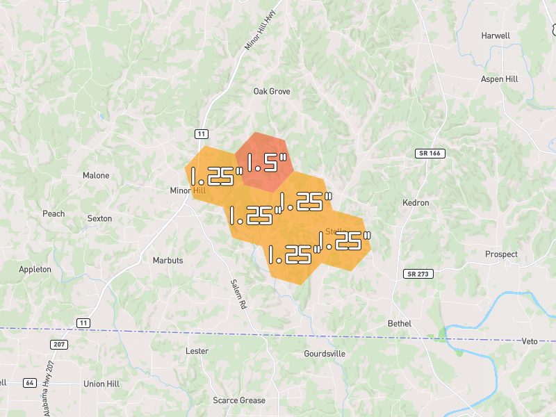 Hail map of Minor Hill, TN on Jun 1, 2026, hail up to 1.5"